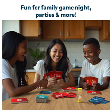 Family playing a card game from Rapid Rumble A Trip Around The 50 States Board Game