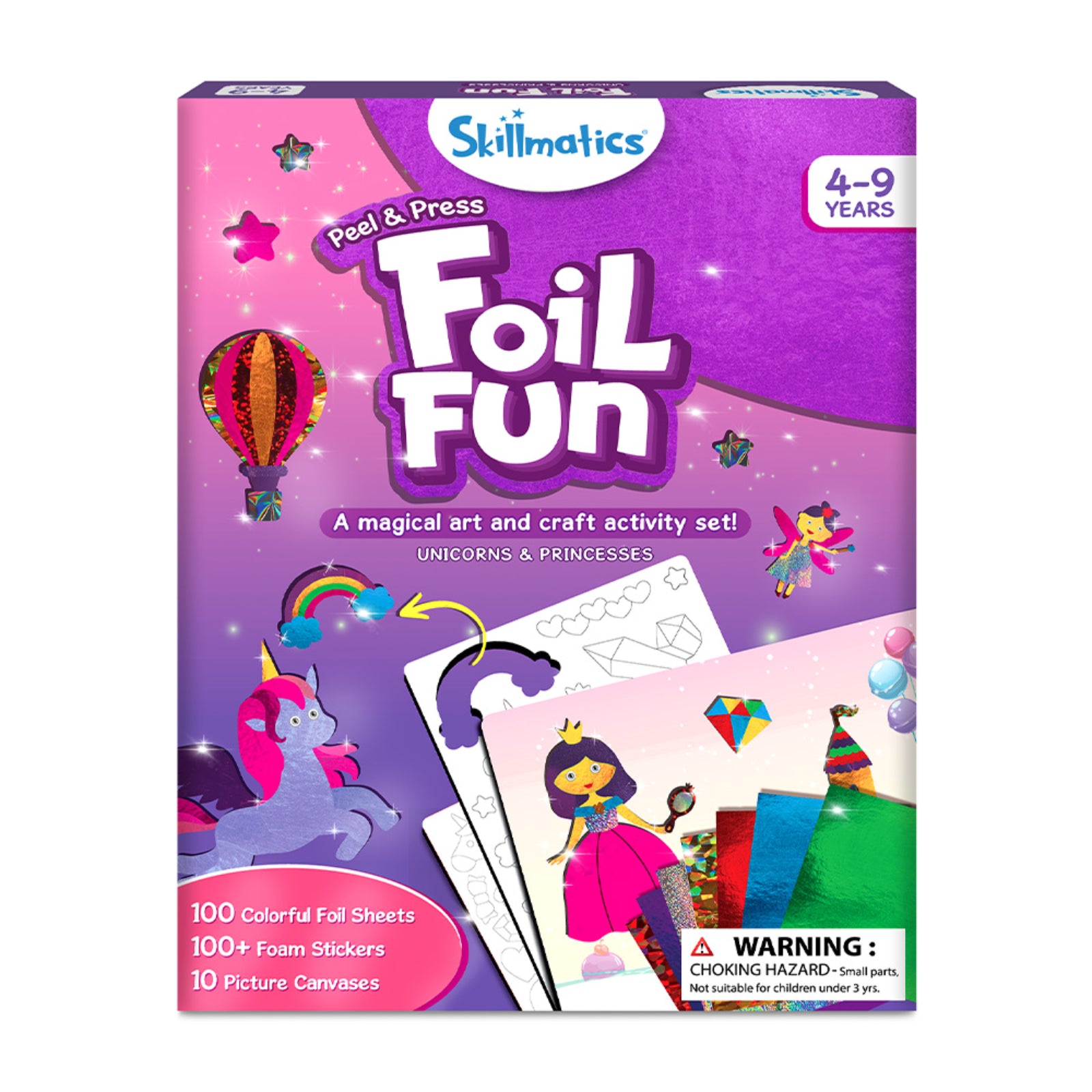 Packaging for 'Foil Fun' art kit by Skillmatics, featuring illustrations of unicorns and princesses, intended for ages 4-9. The box contains 100 colorful foil sheets, 100 foam stickers, and 10 picture cards.