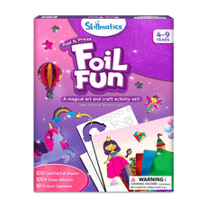 Packaging for 'Foil Fun' art kit by Skillmatics, featuring illustrations of unicorns and princesses, intended for ages 4-9. The box contains 100 colorful foil sheets, 100 foam stickers, and 10 picture cards.