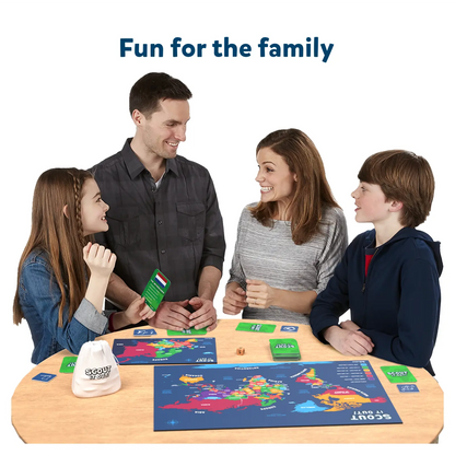 Family playing Scout it Out Countries of The World trivia board game together
