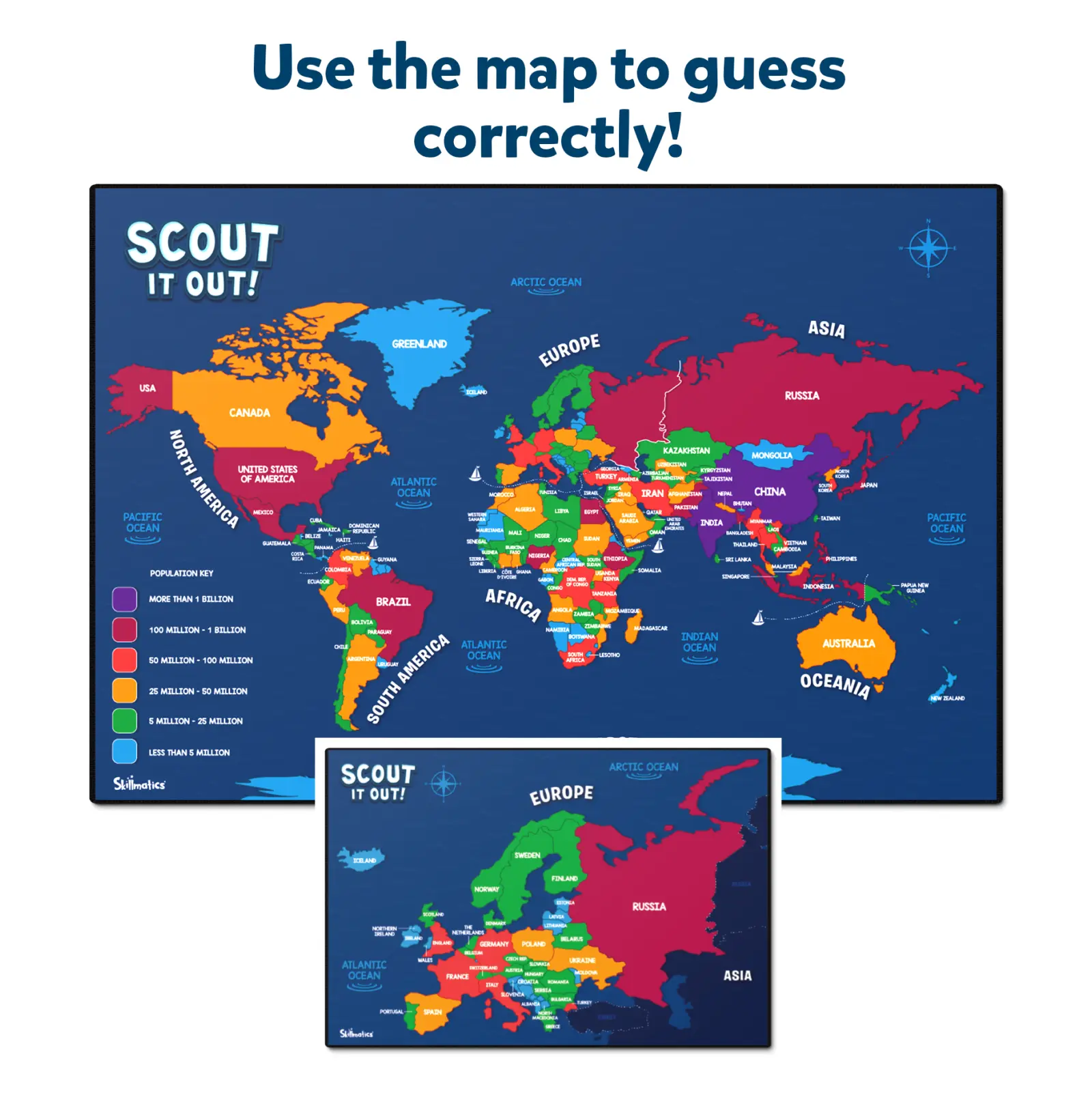 World map with population key for Scout it Out Trivia Board Game for ages 7+
