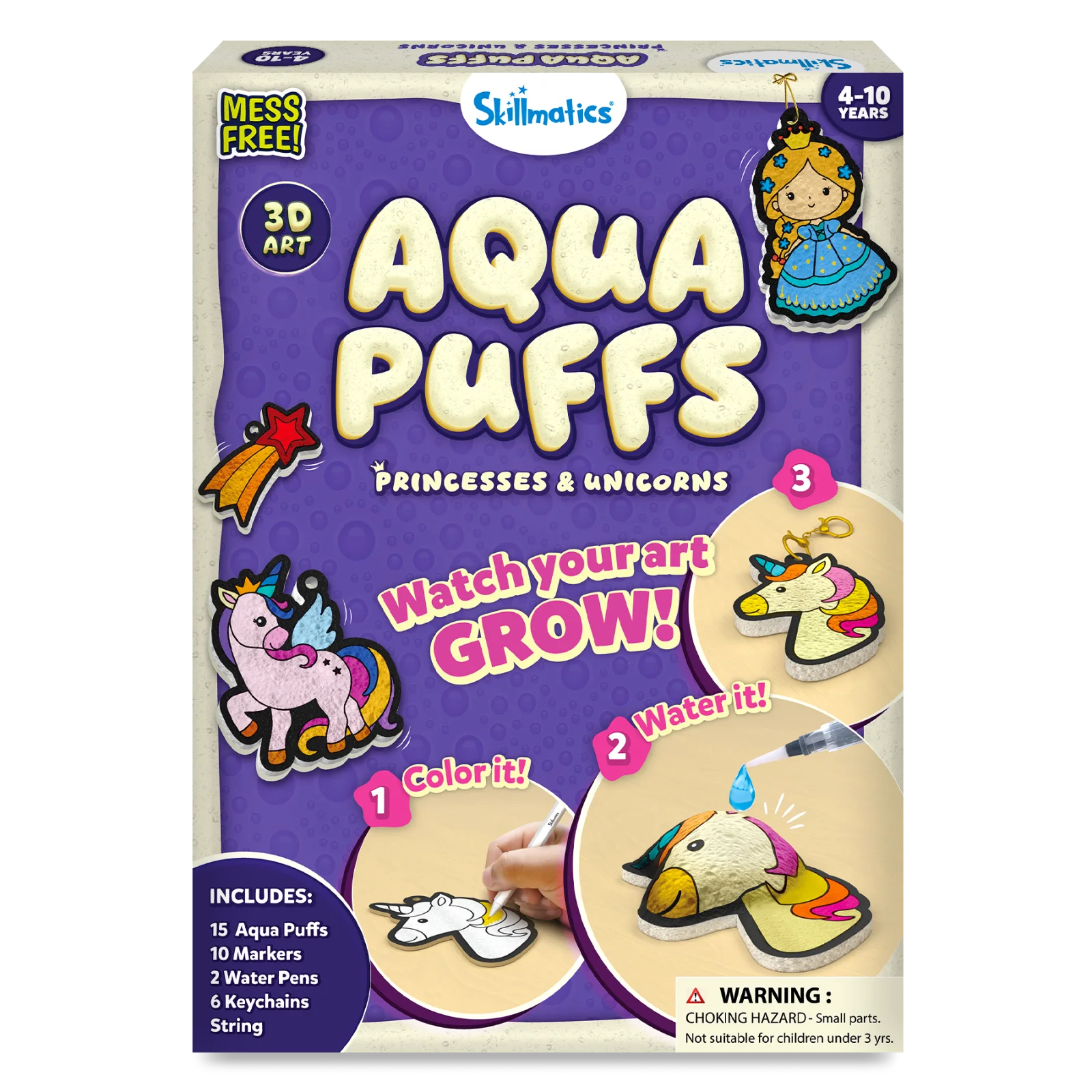 Box of Aqua Puffs art kit for princesses and unicorns with colorful graphics on a white background.