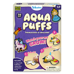 Box of Aqua Puffs art kit for princesses and unicorns with colorful graphics on a white background.