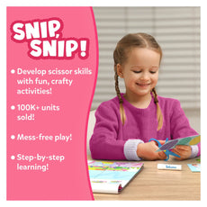 Young girl using scissors with educational materials, promotional text on pink background
