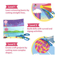 Educational craft kit with scissors and paper for different skill levels on a white background