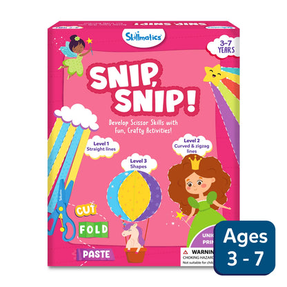 Skillmatics Snip, Snip! craft kit packaging with a fairy and scissors on a pink background