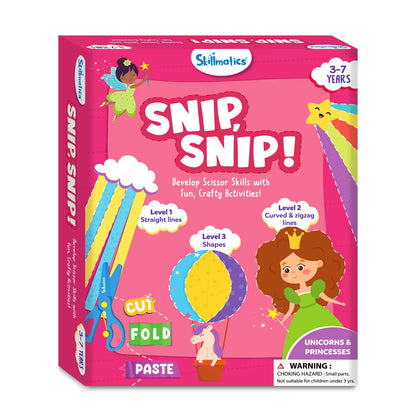Skillmatics Snip, Snip! craft kit packaging with scissors and children's activities on a pink background