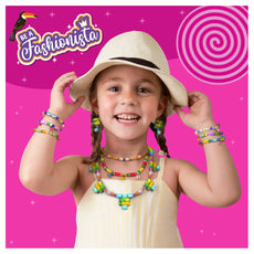 Smiling girl wearing colorful jewelry from Roll-up Beads Tropical Paradise DIY jewelry kit