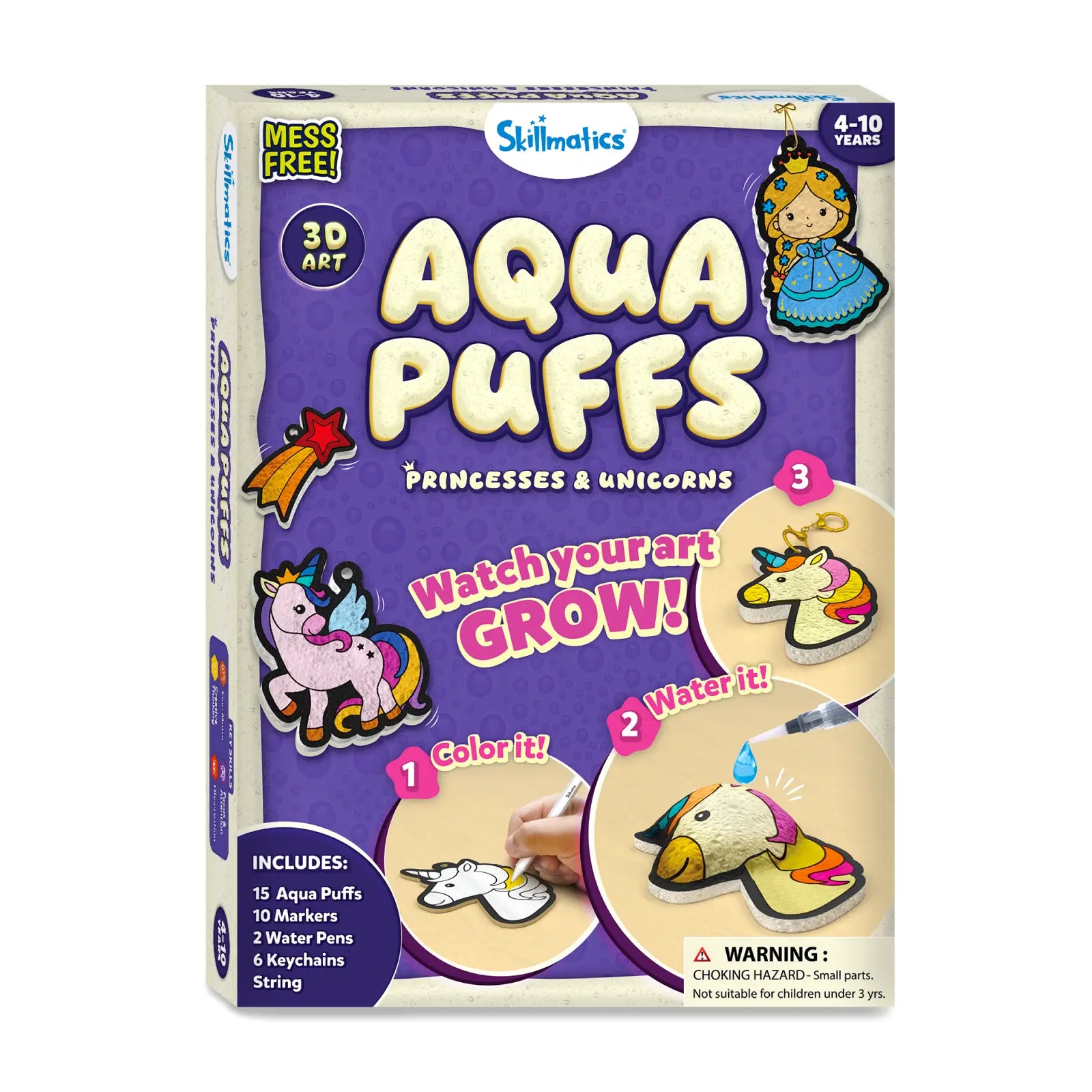 Skillmatics Aqua Puffs kit packaging with princesses and unicorns on a purple background