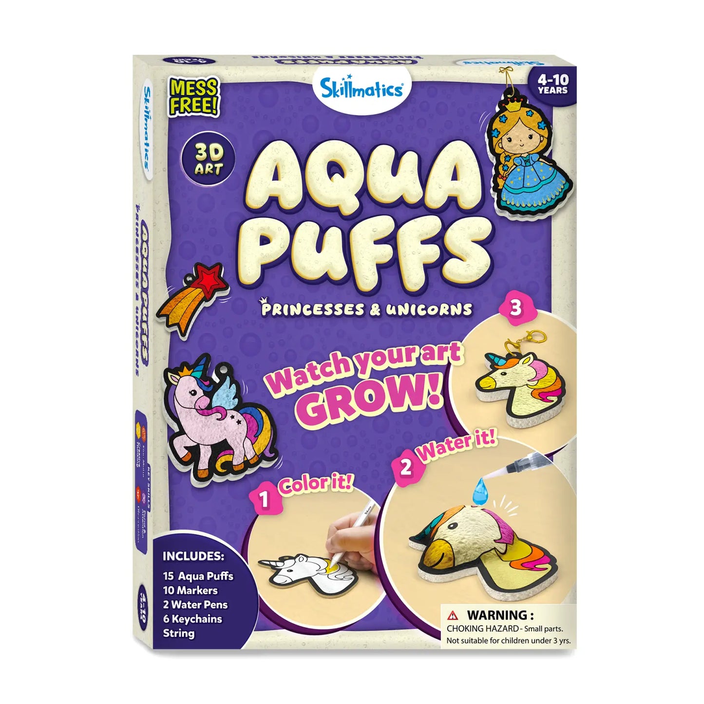 Skillmatics Aqua Puffs kit packaging with princesses and unicorns on a purple background