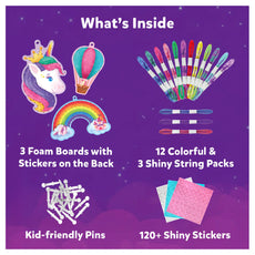 Craft kit contents for Super Strings Unicorn Magic mess-free string art for kids ages 6 to 12