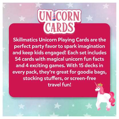 Promotional text for Skillmatics Unicorn Playing Cards on a colorful background with a unicorn illustration.