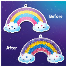 Rainbow craft before and after displaying Poke-in Art Magical Unicorn Dream Decor for Kids