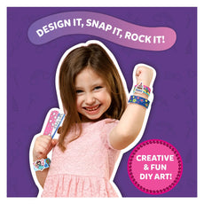 Smiling girl showcasing colorful DIY bracelets from Snap Bandz Unicorns & Princesses kit