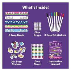 Colorful snap band decorating kit with unicorns and princess designs for kids ages 4-10