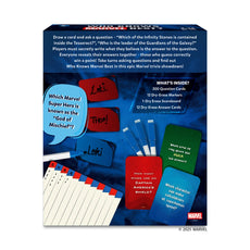 Marvel trivia game box for Who Knows Marvel Best family and party card game