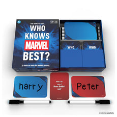 Marvel trivia game on the Who Knows Marvel Best family and party card game box