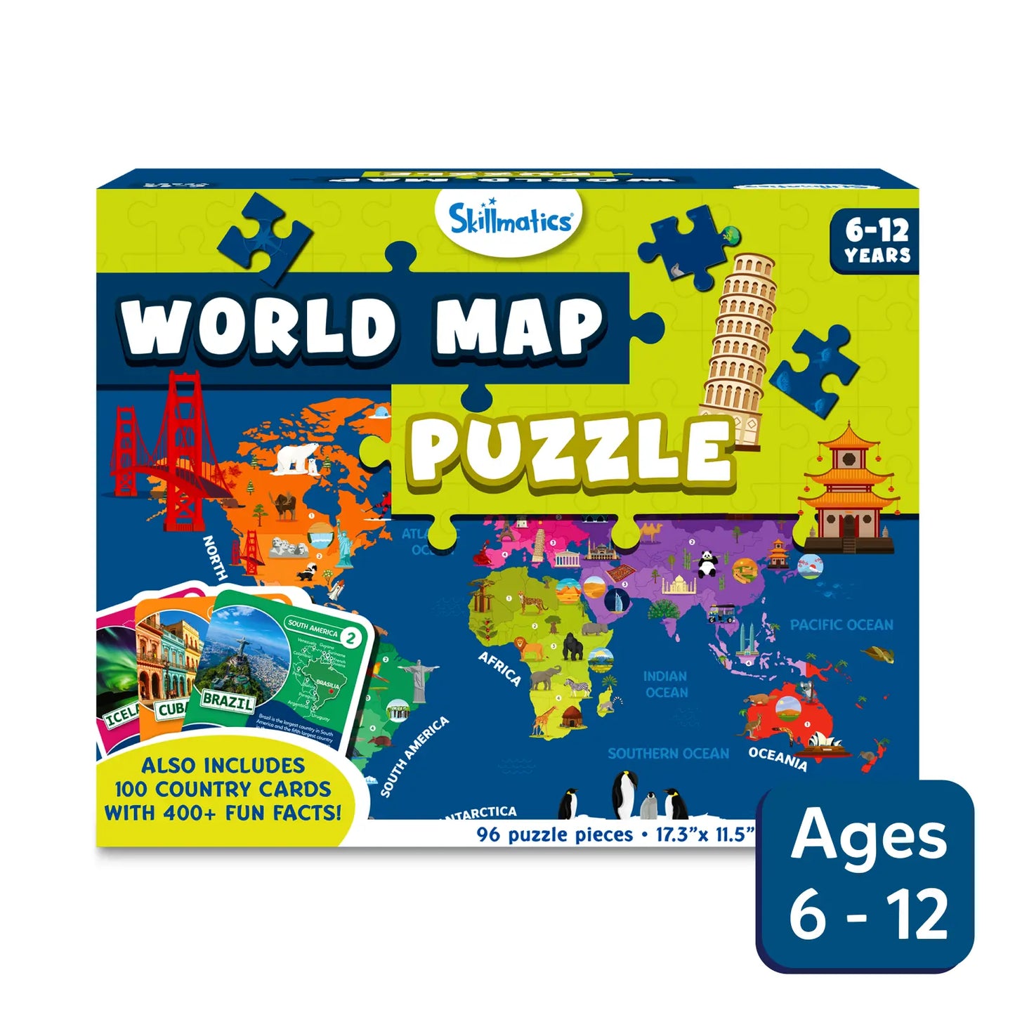 Skillmatics World Map Puzzle - 96 Piece Jigsaw Puzzle, Educational Toy, Geography for Kids, 400+ Facts, Gifts for Boys & Girls Ages 6 to 12