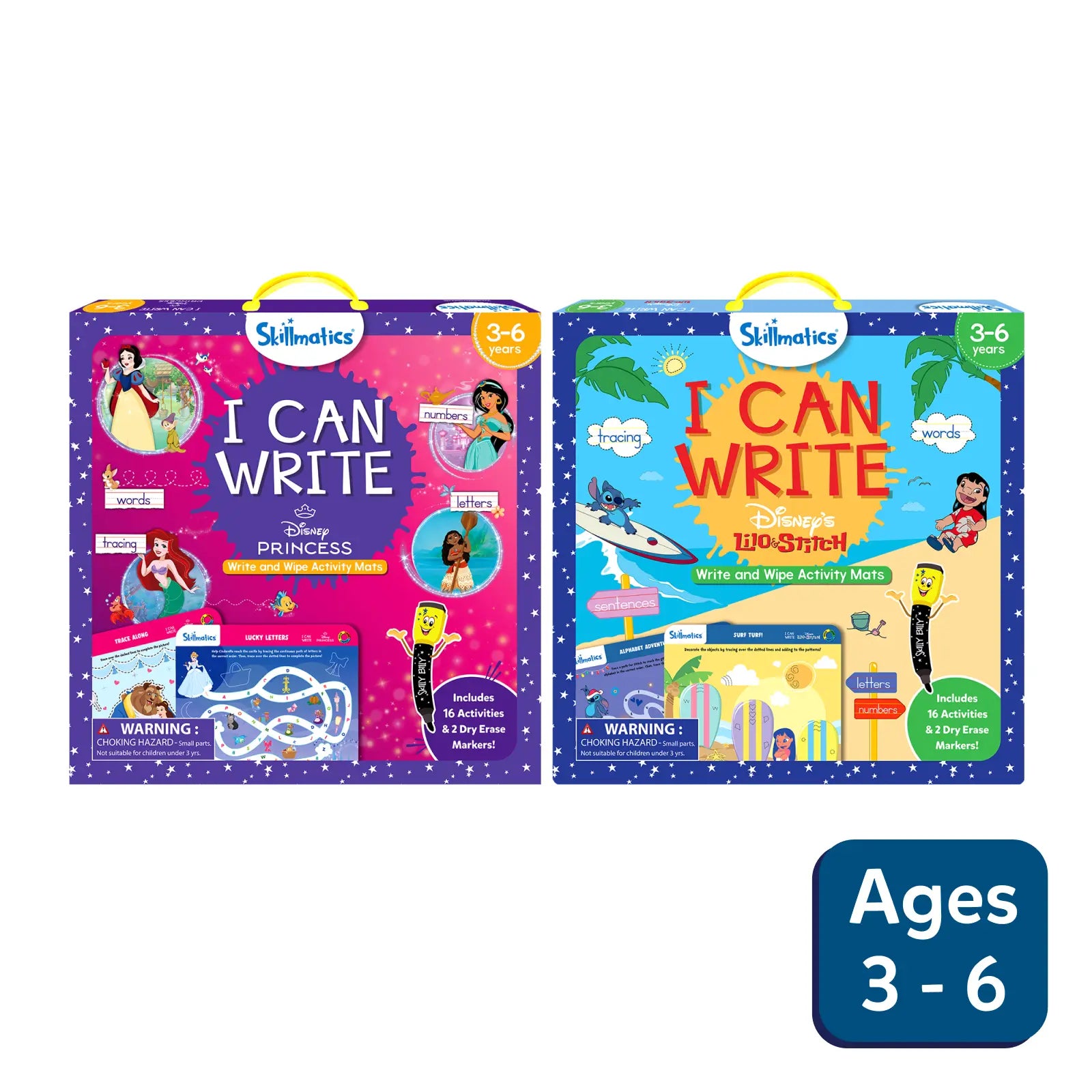 Two writing activity sets for children featuring Disney Princess and Lilo & Stitch characters
