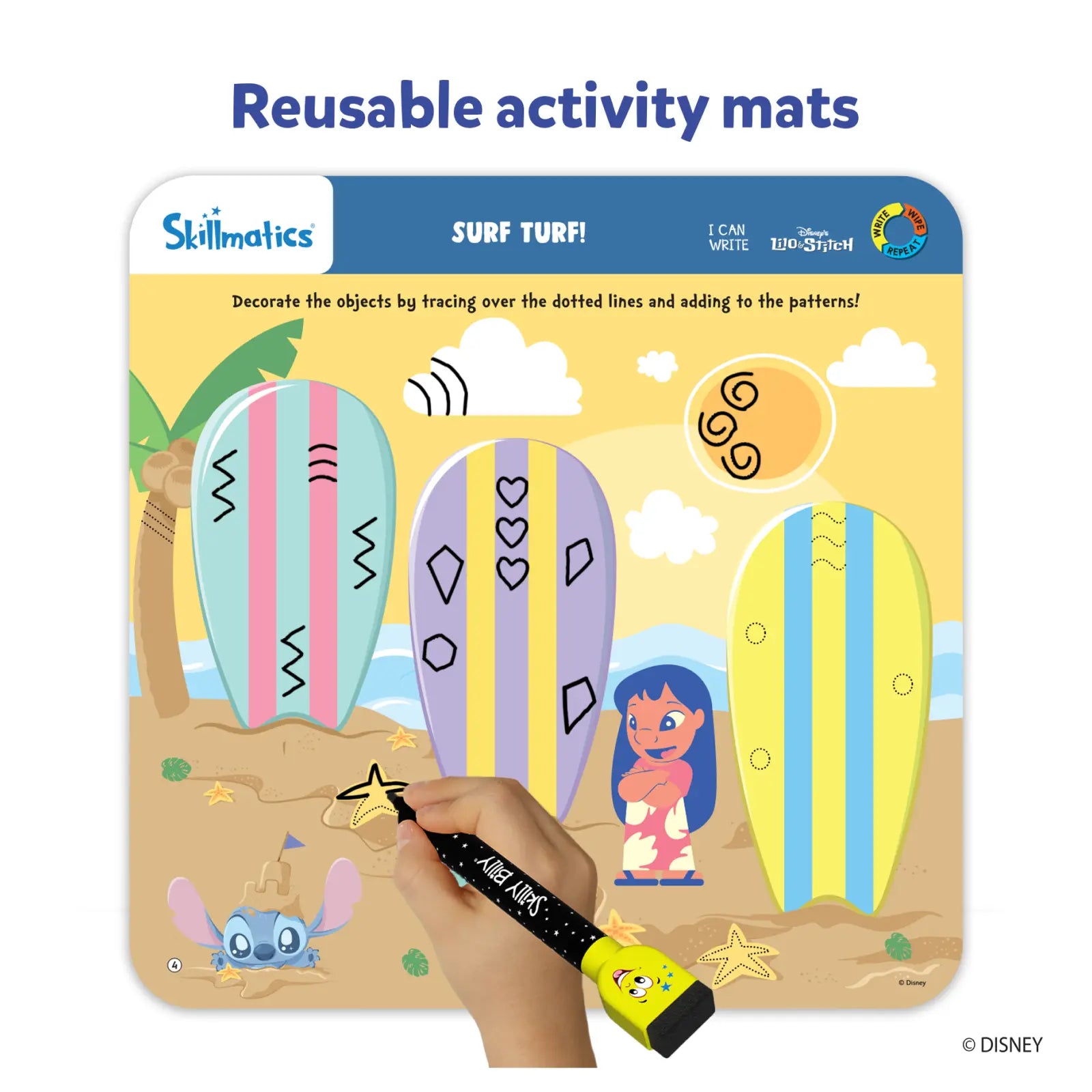 Reusable activity mat with beach scene from I Can Write Disney Princess & Lilo & Stitch