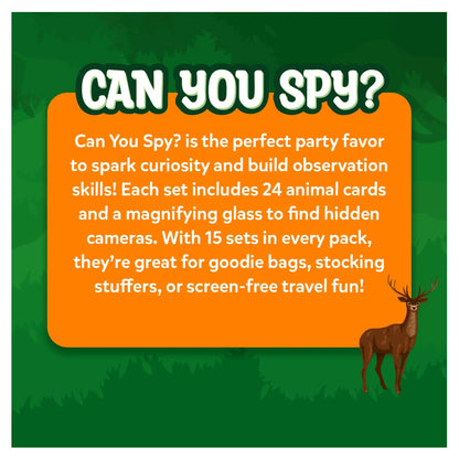 Advertisement for 'Can You Spy?' party favor with text and a deer illustration on a green background.